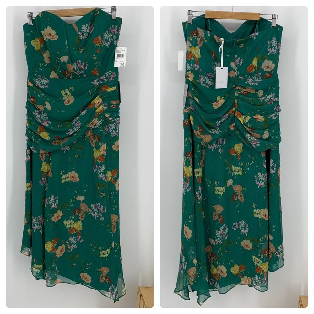 NWT Harlyn Women’s L Strapless Floral Midi Dress Kelly Green Asymmetrical Hem